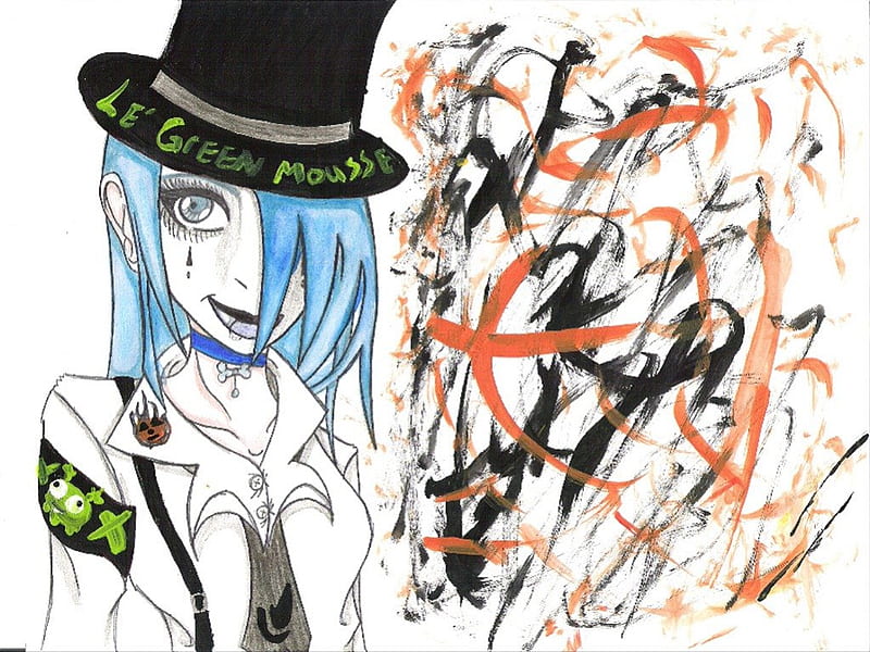 Le Green Mousse, graffiti, blue punk hair, witches hat, girl, HD wallpaper