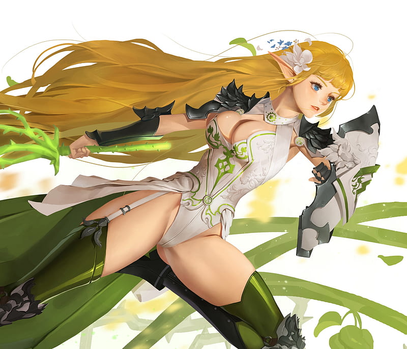 Fantasy girl, elf, jay jiwoopark, fantasy, warrior, girl, green, shield, blonde, HD wallpaper