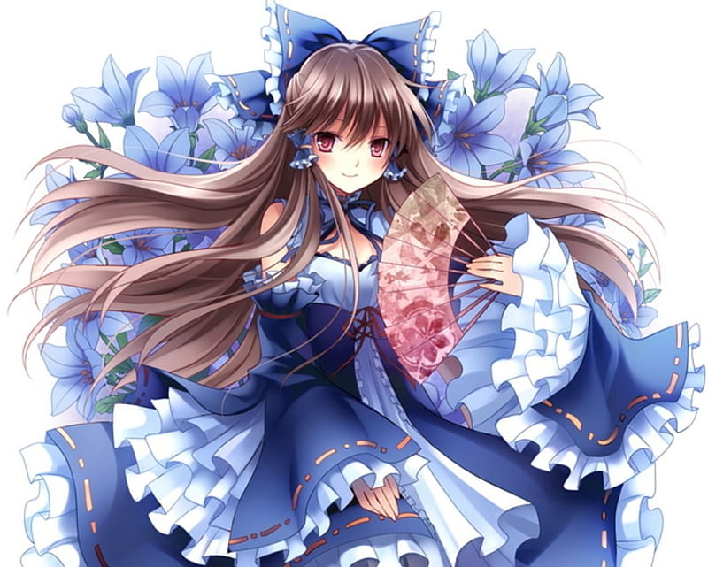 Blue Dream, pretty, dress, hakurei reimu, divine, bonito, elegant, floral, sweet, blossom, anime, touhou, hot, beauty, anime girl, long hair, gorgeous, blue, female, lovely, brown hair, gown, smile, sexy, abstract, happy, cute, girl, flower, reimu, fan, petals, red eyes, HD wallpaper