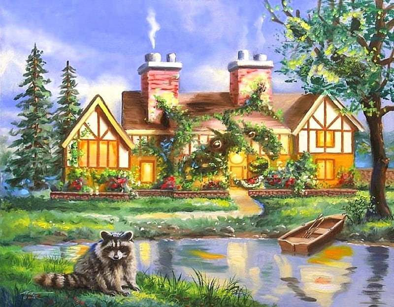 Three Coonies, raccoons, lovely, hourses, colors, love four seasons, bonito, spring, swamp, boats, paintings, flowers, HD wallpaper