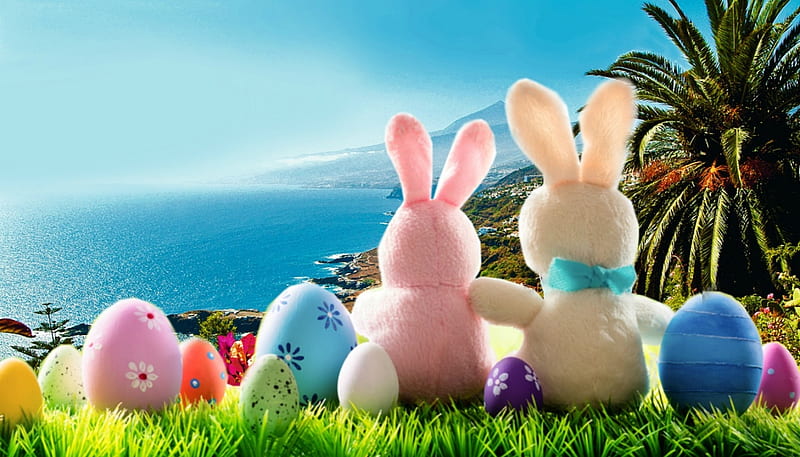 Easter In Morocco, islands, Easter eggs, grass, ocean, Bunnies, bow, Easter bunnies, palms, palm trees, water, Morocco, eggs, rabbits, island, hill, HD wallpaper
