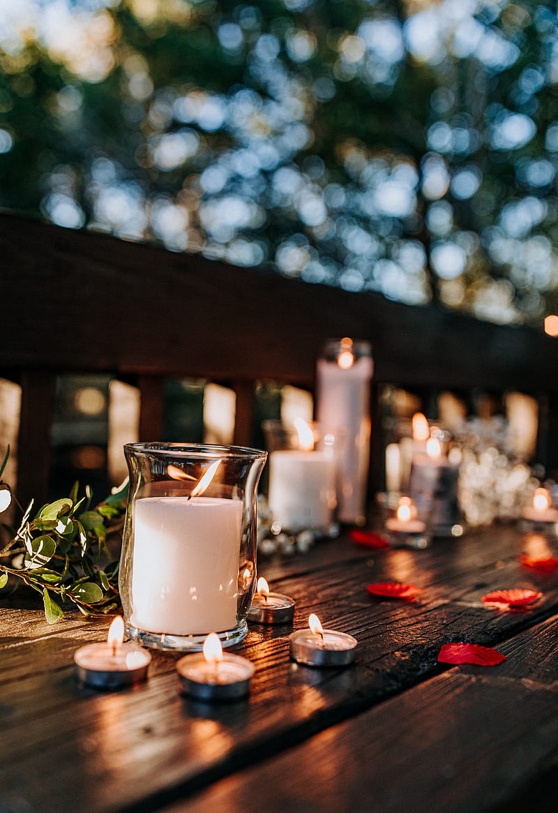 candles, glass, petals, table, HD phone wallpaper