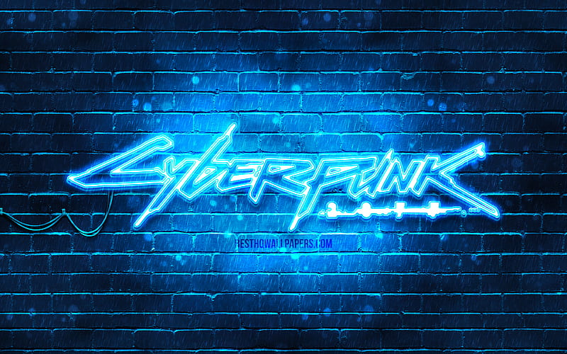 Cyberpunk 2077 blue logo blue brickwall, artwork, Cyberpunk 2077 logo, RPG, Cyberpunk 2077 neon logo, Cyberpunk 2077, HD wallpaper