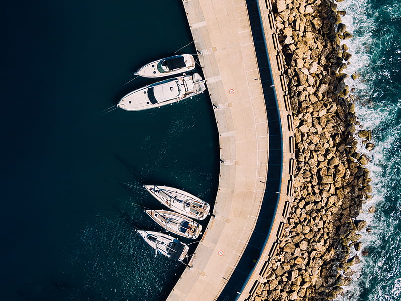 boats, sea, drone shot, aerial view, yachts, Nature, HD wallpaper