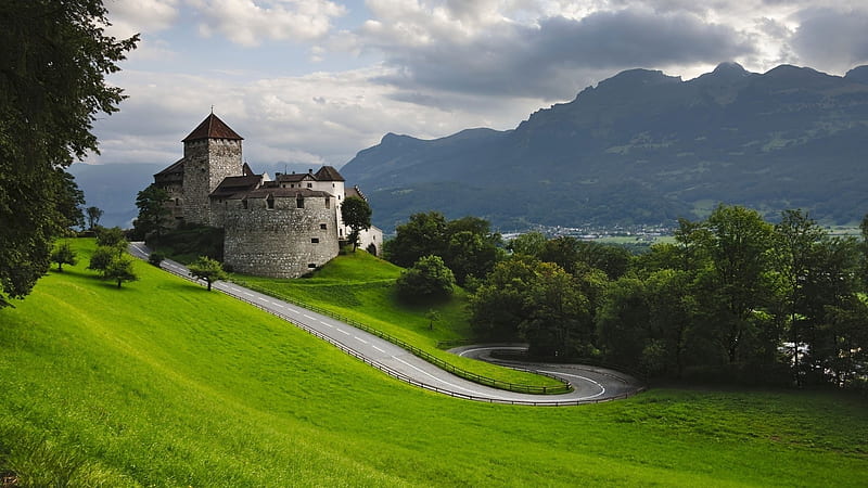 Small Stone Castle on the Hill, green, grass, mountains, path, castle, sky, hill, HD wallpaper
