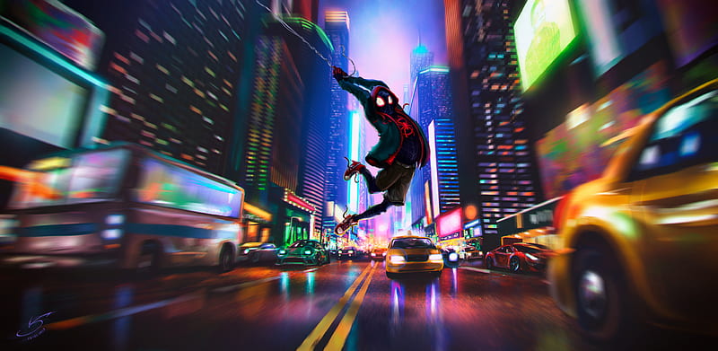 spider-man: into the spider-verse, new york, urban, night, vehicles, animation, artwork, Movies, HD wallpaper