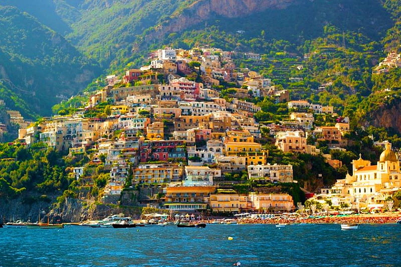 Amalfi coast, shore, Italy, sailing, bonito, que, sea, mountain, nice, boat, village, blue, hills, lovely, houses, town, trees, lake, water, Amalfi, slope, nature, coast, HD wallpaper