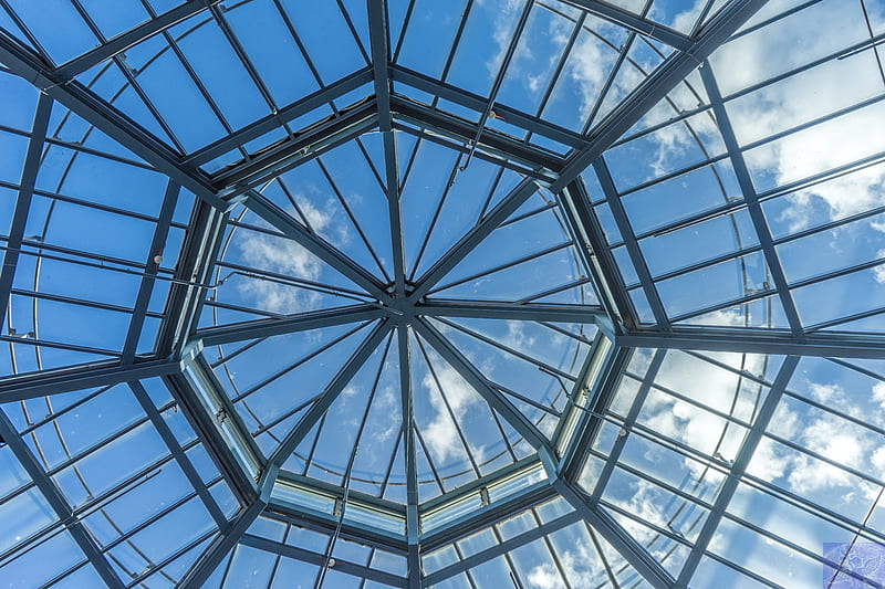roof, glass, sky, bottom view, HD wallpaper