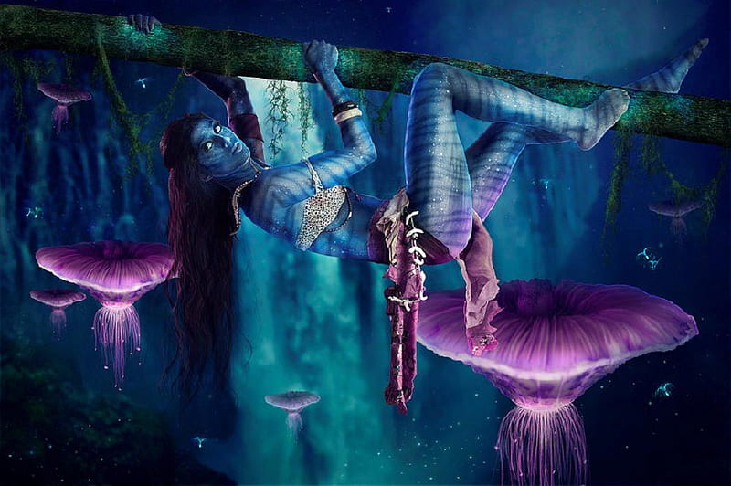 Neytiri climbs female, elves, abstract, avatar, graphy, fantasy, girl, forests, night, HD wallpaper