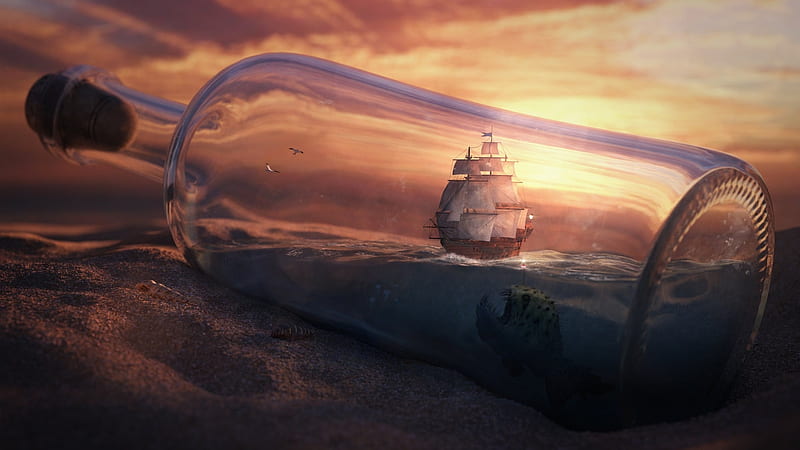 sailboat in a bottle, arts, digital, boat, sail, HD wallpaper