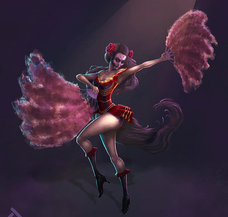 Dancer, burlesque, red, luminos, hand fan, fantasy, feather, pink, damir omic, HD wallpaper