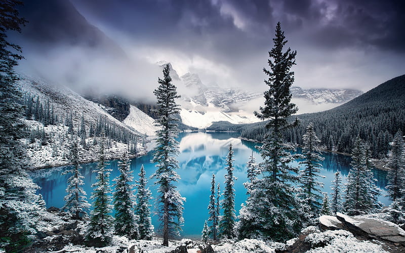 Moraine Lake, blue glacial lake, mountain landscape, forest, Alberta, Canada, Banff National Park, HD wallpaper