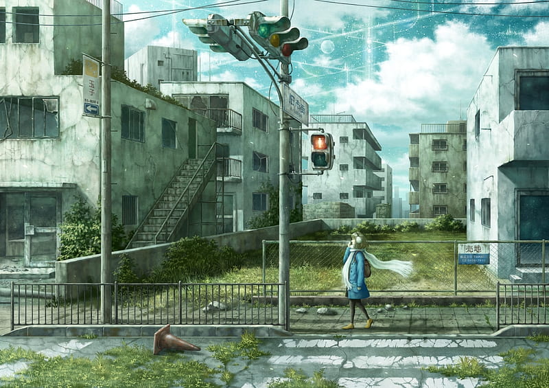 The old city, manga, city, girl, green, anime, ruin, kazami395, realistic, street, blue, HD wallpaper