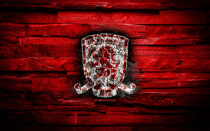 Middlesbrough FC, red wooden background, England, burning logo, Championship, english football club, grunge, Middlesbrough logo, football, soccer, wooden texture, HD wallpaper