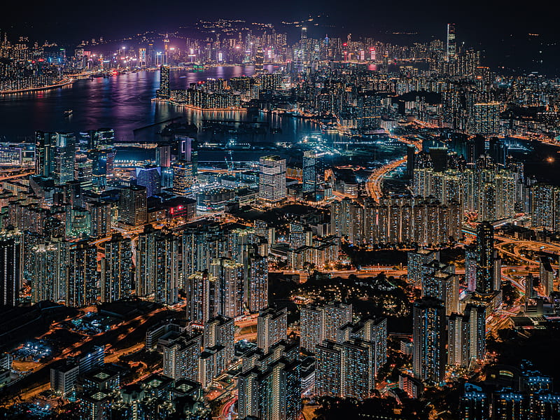 night city, city, aerial view, metropolis, buildings, lights, dark, hong kong, HD wallpaper