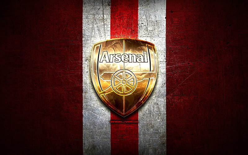 Arsenal FC, golden logo, Premier League, red metal background, football, FC Arsenal, english football club, Arsenal FC logo, soccer, The Gunners, England, HD wallpaper