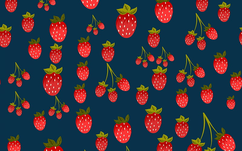 strawberry texture, blue background with strawberries, retro strawberry texture, berries texture, strawberry background, HD wallpaper