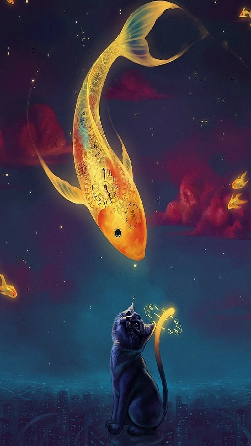 Gold fish, cat, clock, sky, HD phone wallpaper