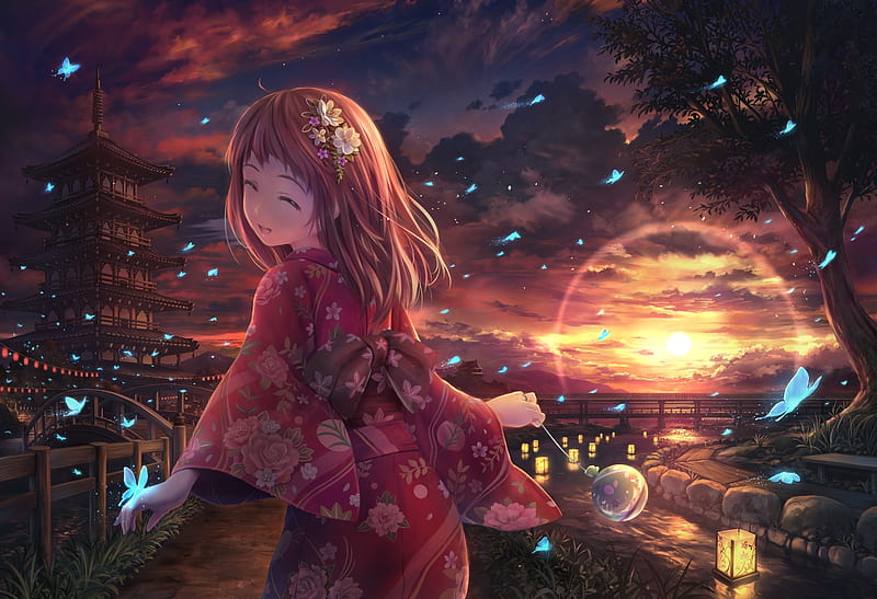 anime girl, kimono, scenic, sunset, river, clouds, traditional buildings, brown hair, Anime, HD wallpaper