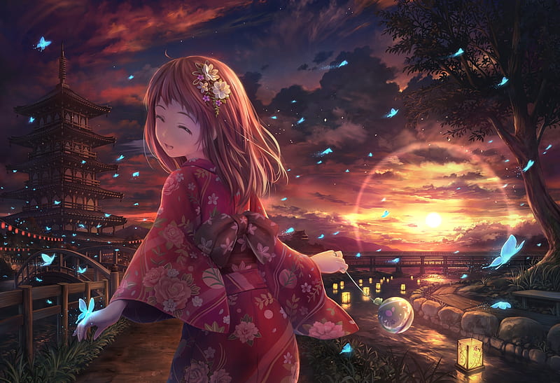 Sunset, red, soraizumi, girl, anime, manga, pink, kimono, HD wallpaper Sunset, red, soraizumi, girl, anime, manga, pink, kimono, HD wallpaper