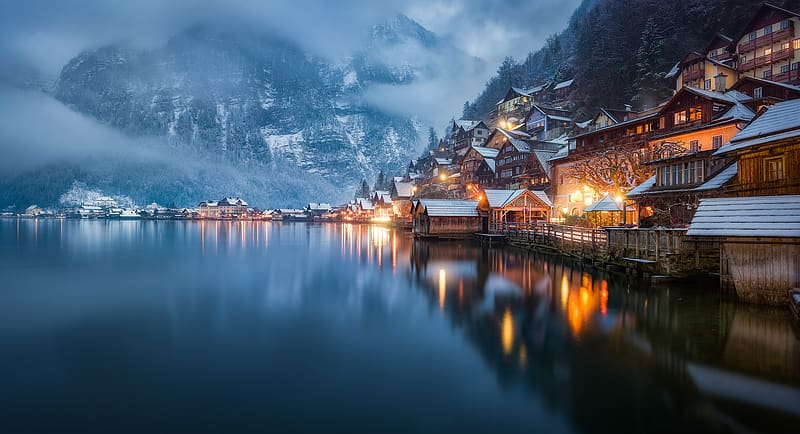 Winter, Mountain, Lake, Reflection, Fog, House, Austria, Evening, Hallstatt, , Towns, HD wallpaper
