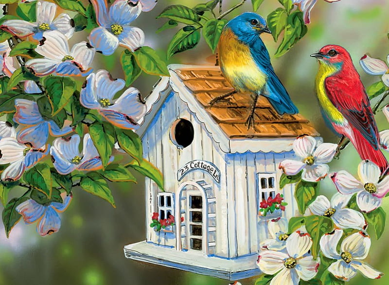 Cottage lane, cottage, freshnews, songbirds, birds, scent, fragrance, tree, painting, birdhouse, blossoms, flowering, lane, blooming, HD wallpaper