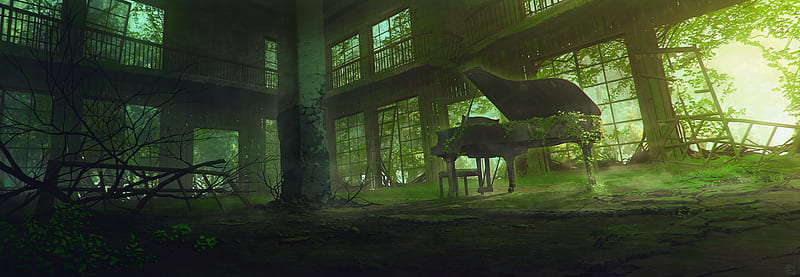 Anime, Original, Abandoned, Building, Greenery, Piano, HD wallpaper