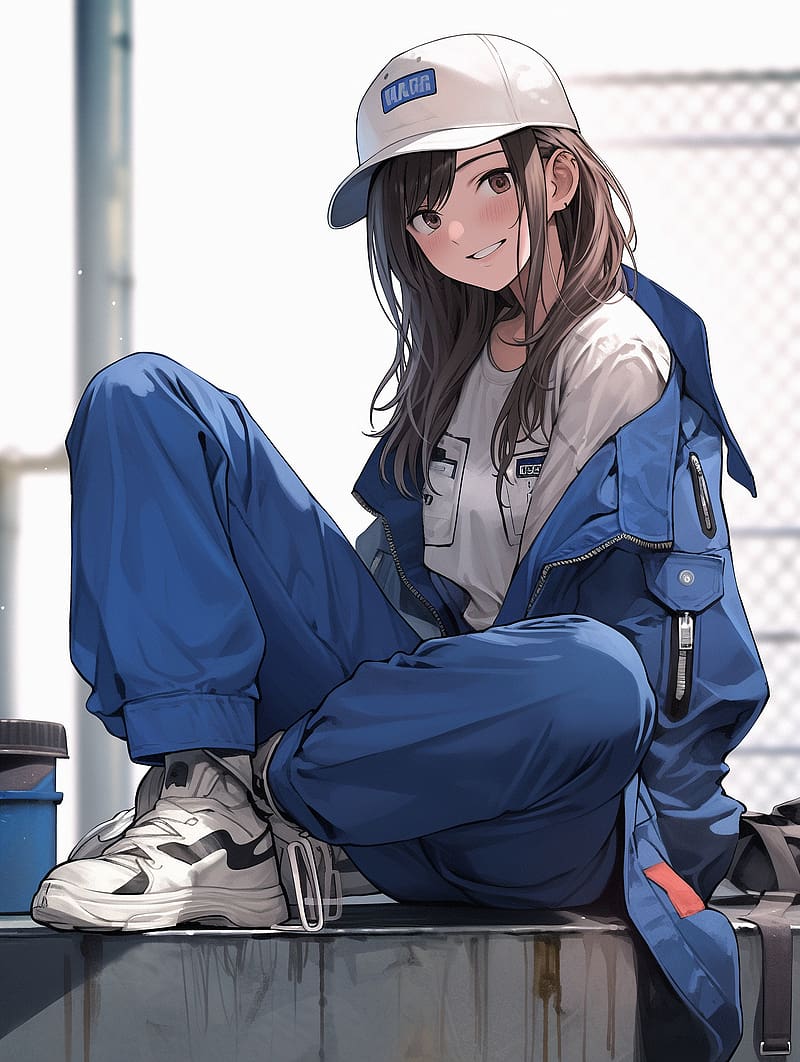 girl, smile, cap, jumpsuit, anime, HD phone wallpaper