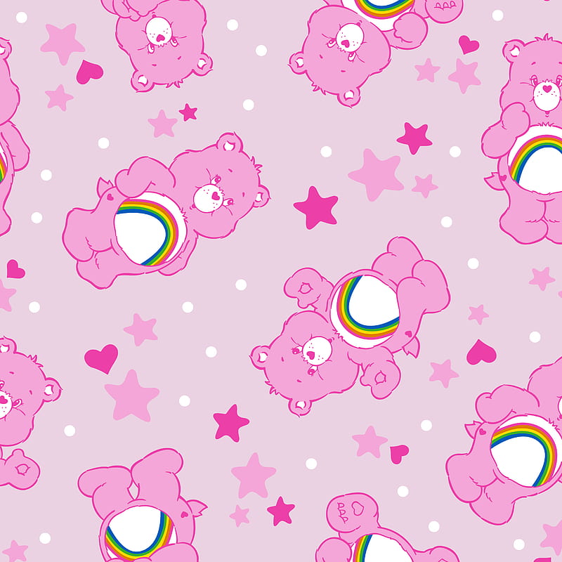 Cheer Bear Pink, Care, care bears, cartoon, cute, fun, kawaii, pastel, pattern, rainbow, retro, vintage, HD phone wallpaper