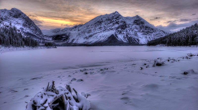 beautiful winter scene r, mountains, r, sunset, frozen, lake, winter, HD wallpaper