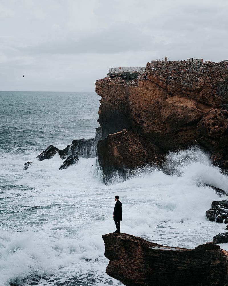 man, rock, sea, waves, alone, HD phone wallpaper