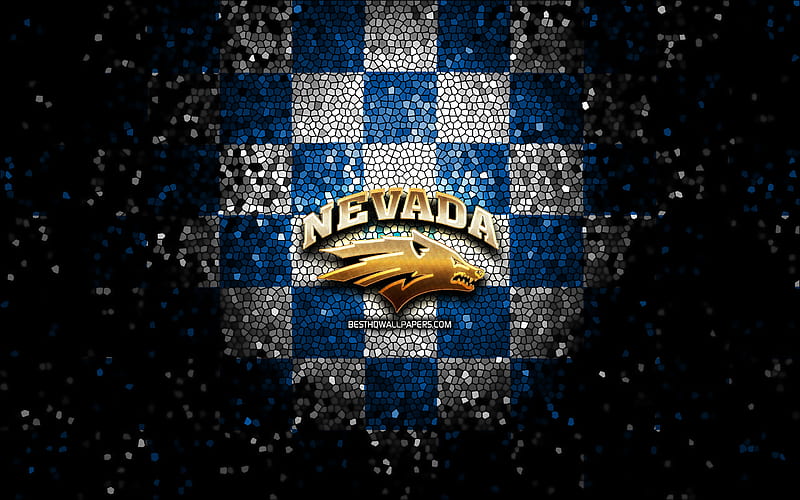 Nevada Wolf Pack, glitter logo, NCAA, blue white checkered background, USA, american football team, Nevada Wolf Pack logo, mosaic art, american football, America, HD wallpaper