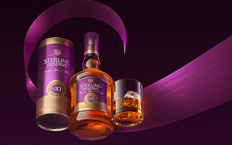 Sterling Reserve Blend 10, whiskey, purple background, different drinks, Scottish whiskey, Sterling Reserve, HD wallpaper