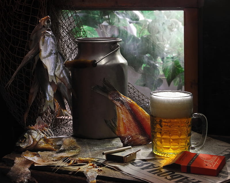 Food, Still Life, Alcohol, Beer, Drink, Fish, HD wallpaper