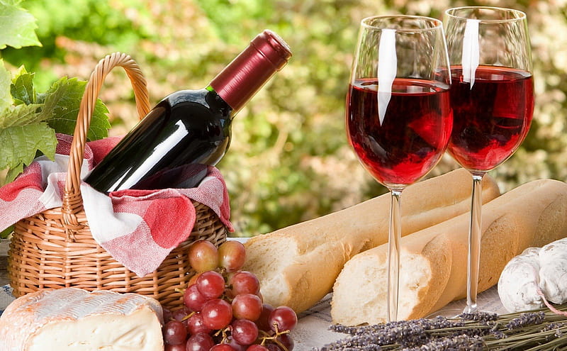 Wine Basket Still Life, red, life, food, wine, bread, still, abstract, grapes, drink, HD wallpaper