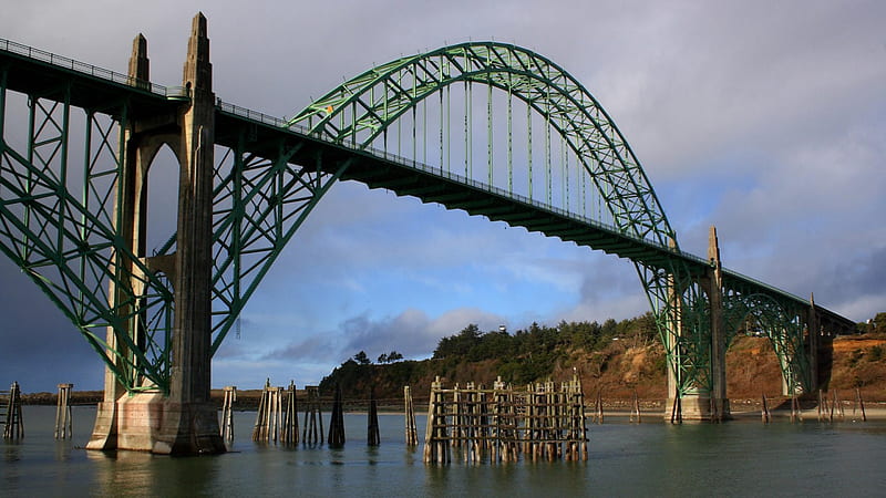 yaquina bay bridge in newport oregon, bay, bridge, green, pylons, HD wallpaper