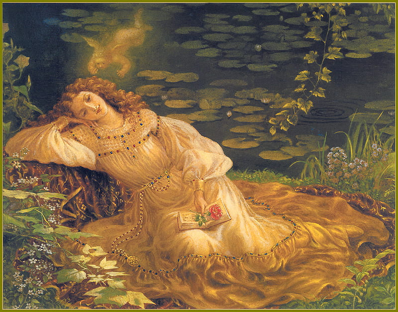 Cupid Whispering, rose, angel, book, woman, lake, HD wallpaper