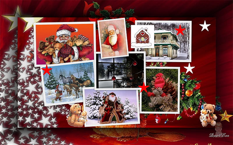Christmas-1, red, , christmas, holiday, collage, framed, xmas, tree, santa, teddy bear, HD wallpaper
