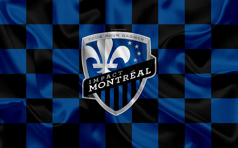 Montreal Impact logo, creative art, blue black checkered flag, Canadian Soccer club, MLS, emblem, silk texture, Montreal, Canada, USA, football, Major League Soccer, HD wallpaper