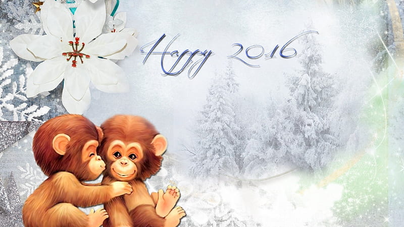 Happy Monkeys 2016, 2016, monkey, snow, New Year, chinese new year, flowers, winter, HD wallpaper