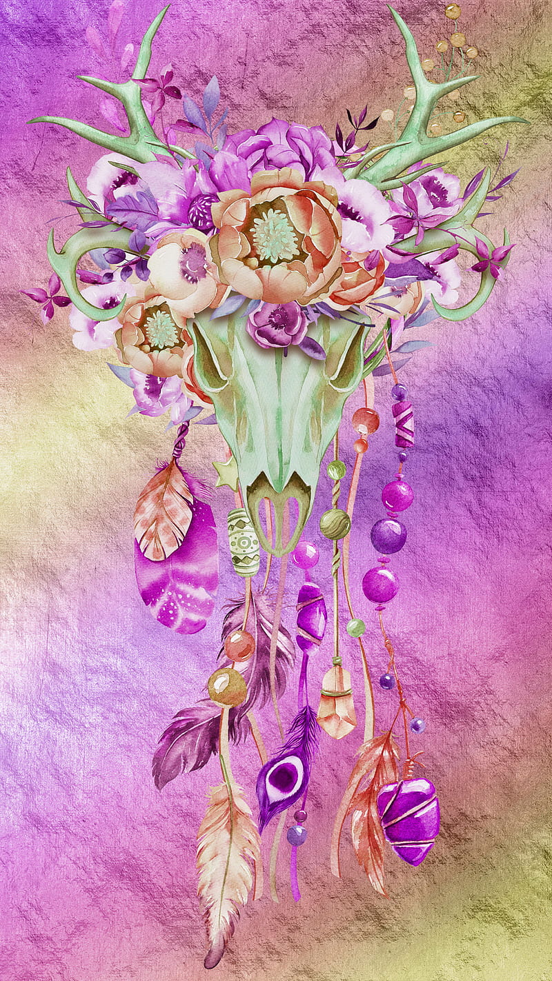 DreamCatcher, background, desenho, dream, flowers, purple, skull, stars, violet, wall, HD phone wallpaper