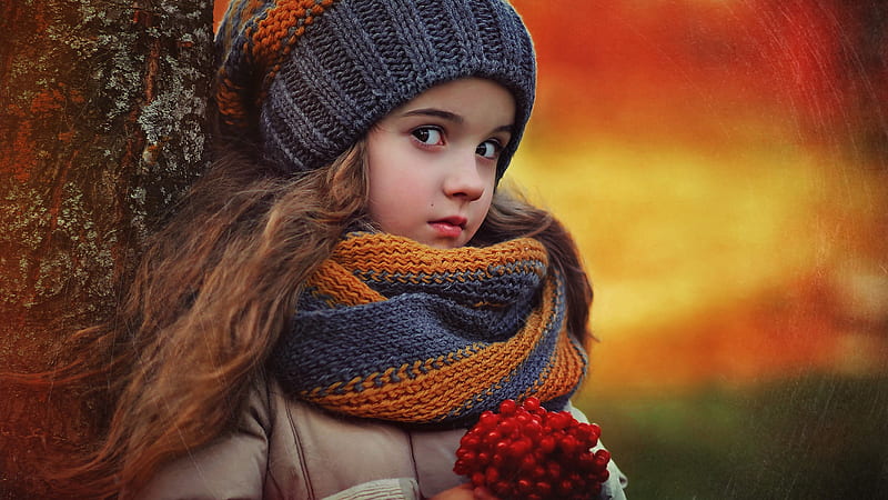 Cute Little Girl Is Wearing Blue Orange Woolen Knitted Muffler And Cap In Blur Red Yellow Background Cute, HD wallpaper