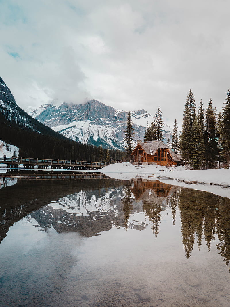 lake, house, mountains, snow, landscape, HD phone wallpaper