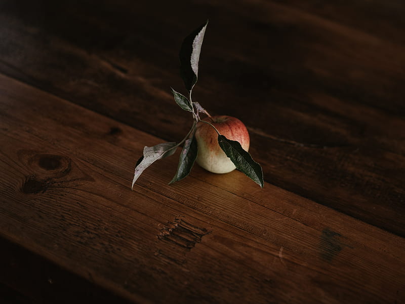 apple, leaves, fruit, table, HD wallpaper