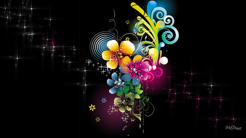 Colors Gone Crazy, colorful, stars, curls, flowers, vines, abstract, vector, HD wallpaper