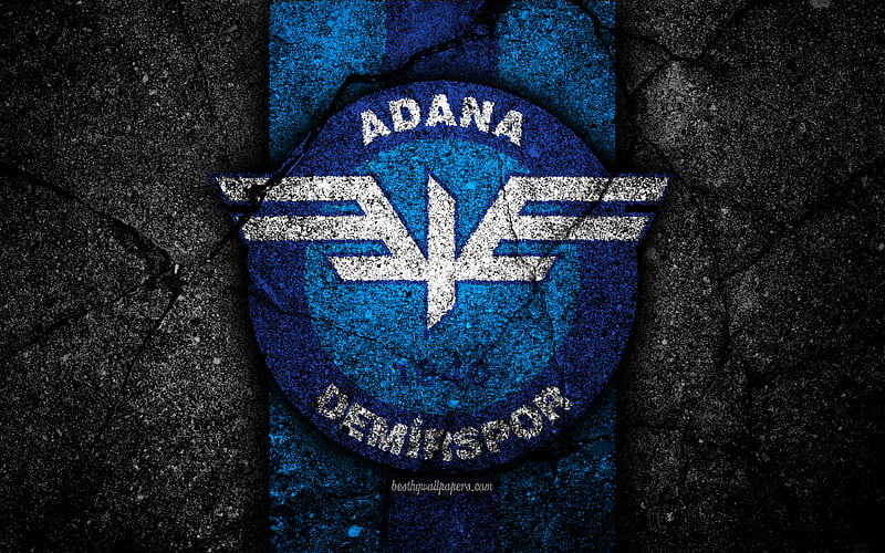 Adana Demirspor FC logo, football, Turkish Lig, black stone, Turkey, soccer, emblem, Adana Demirspor, asphalt texture, Adana, Turkish football club, HD wallpaper