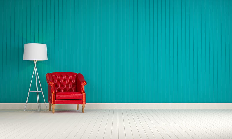 Blue wall red sofa, blue wall, red sofa, turquoise, white, HD wallpaper