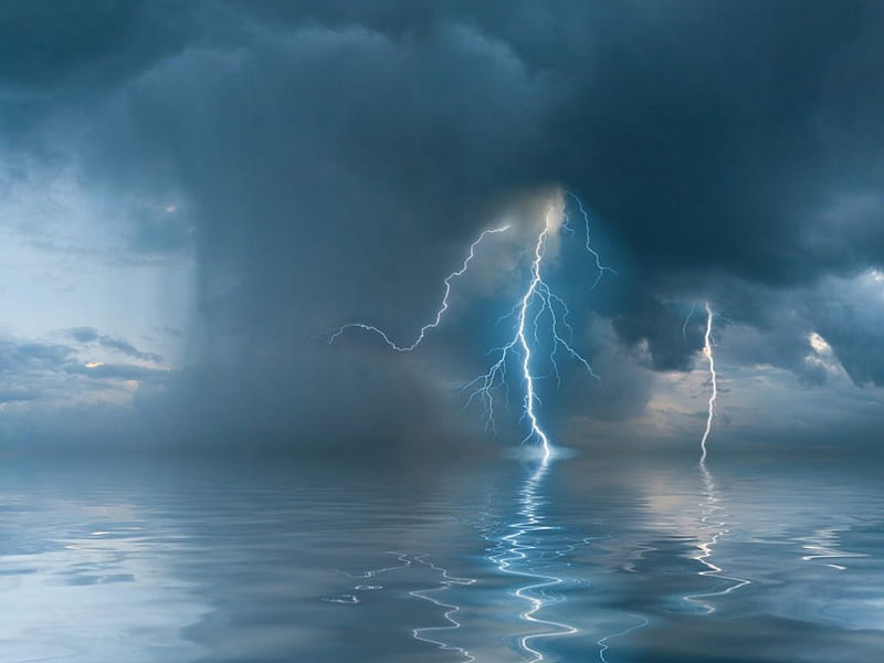 Bad weather over the sea, lightning, dramatic, forces, nature, storm, sea, blue, HD wallpaper