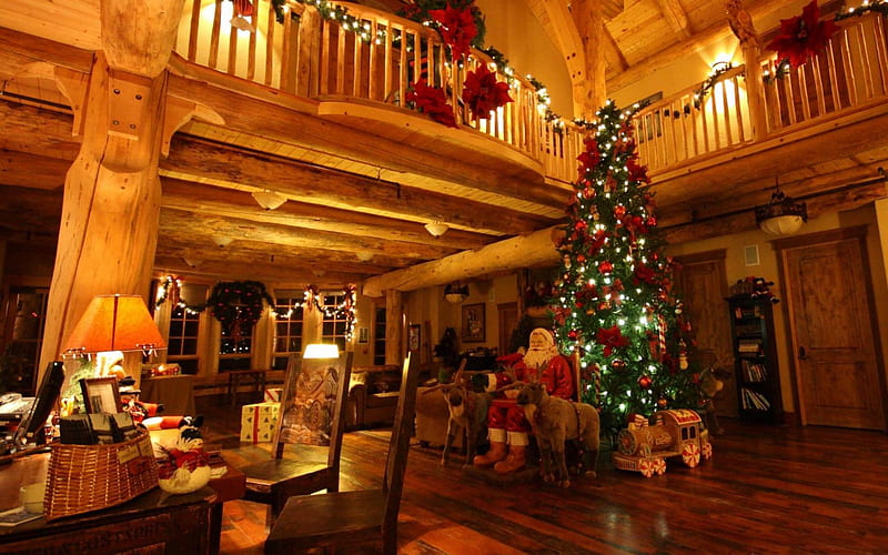 Lodge At Christmas Time, tree, cozy, christmas, lodge, interior, wood, lights, HD wallpaper
