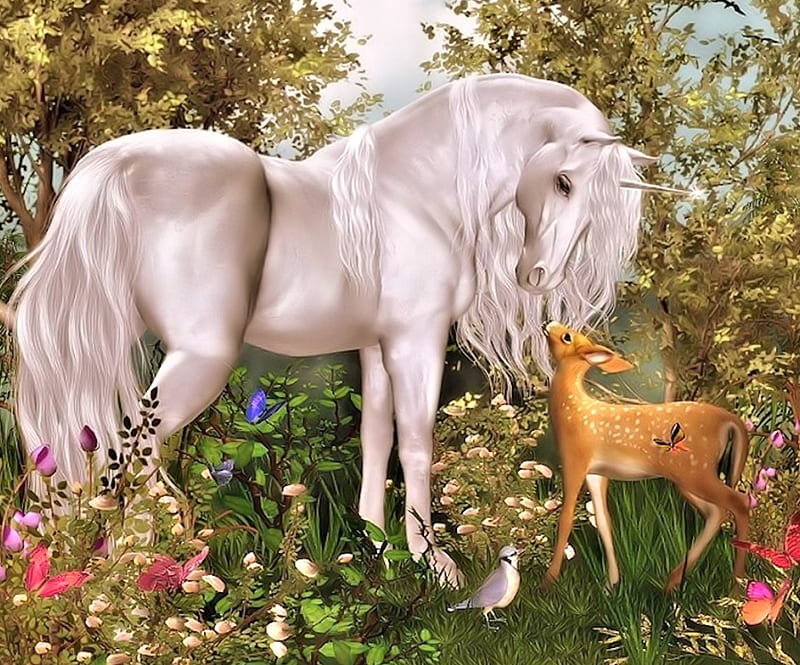 Unicorn and Deer, Unicorn, Bird, Fantasy, Deer, HD wallpaper